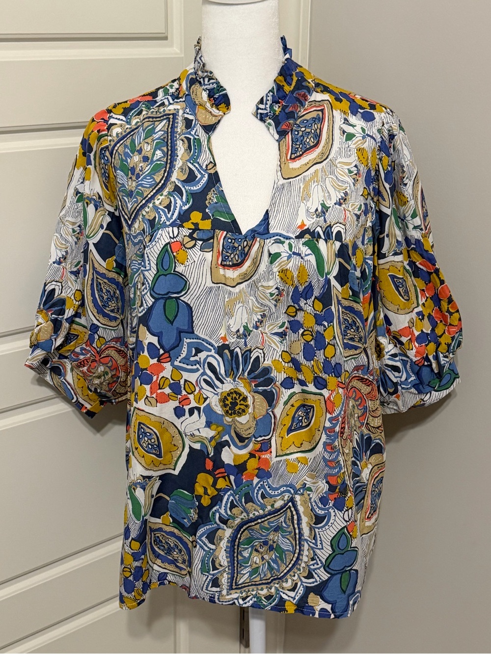 Umgee Multicolor Floral Paisley Puff Sleeve Blouse - Blue, Yellow, Green, Red